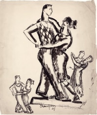 Drawing of one large central couple and two smaller couples dancing on either side. The central couple is detailed and outlined in thick charcoal. The couples on either side are done in a quick style.