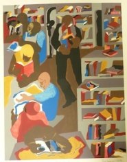 Abstract composition of a group of people in a library. The books and the clothing of the people are all in primary colors: yellow, blue, and red. There are some splotches of black such as in the middle of the piece with a human figure wearing a black suit, standing carrying a stack of books. The tables and bookshelves are grey, and the floor and the skin of the people are medium brown. On the left, coming towards us is a diagonal line of people reading animatedly.
