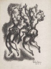 Heavily shaded drawing of three acrobats performing in a row, with batons held over their heads.