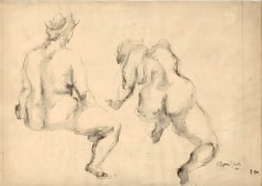 Ink drawing of two nude female figures, as seen from the back. The one on the left is sitting, its left leg not visible, while the one on the right appears to be hunched forward, with its left arm slightly bent.