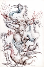 Abstract drawing of human figures surrounded by a number of different animals. The figures and animals have unrealistic proportions and numbers of body parts. The figures overlap each other. The drawing is done in green, red and brown ink.