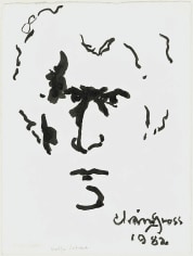 Ink drawing made of small strokes that harnesses negative space to create the profile of a man (Chaim Gross). In the bottom-right of the work is the artist's signature and the date.