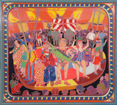 Colorful composition of a circle of circus performers standing on a red and white striped platform surrounded by a large audience. In the center facing us is a blonde man holding a small alligator, with a woman holding a snake to the right and a clown to the left. The composition has a blue border with a yellow and red block pattern on it.