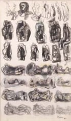 Set of wash and pencil sketches of a human form in various repeated positions, laid out in a grid, including the head of the figure, the figure sitting, and the figure reclining on its side.