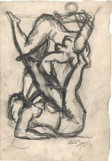 Charcoal sketch of two female figures crouching in an interlocked position. The figures are holding each other up and balancing.