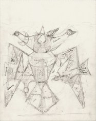 Pencil sketch of bird, its wings outstretched. It has three heads and emerging from its left wing (the viewer's right) is a smaller bird while in the center of its chest is a small five point star. Inscribed throughout the body of the bird are the names of countries, including: Yugoslavia, Rawande, Turkey, Mali, Venezuela, Hungary and others.