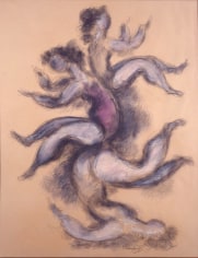 Drawing of three acrobats performing in a stacked formation, making outward gestures. A smudging technique is used to make a blurred effect, and white and pink pastel is used to add color.