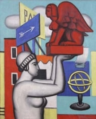 Painting of a woman raising a red Sphinx, surrounded by colorful building fa&ccedil;ades, street signs, a small globe, a body of water and a boat, and a cloudy sky above. The composition implements shades of white, red, blue, yellow, black, and orange to delineate each object.