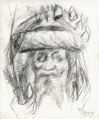 Pencil portrait of a bearded man wearing a traditional fur hat, topped with a shawl (most likely a prayer shawl). His hands are raised, and in his right hand (viewer's left) he holds the Four Species for the festival of Sukkot. Above his head is the word &quot;סאַטמאַר&quot; in Hebrew, or &quot;Satmar&quot; in English, denoting the Jewish sect with which the man is affiliated.