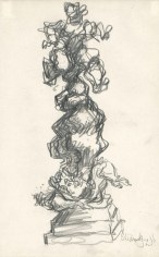 Abstract pencil drawing of figures stacked atop one another on a square pedestal.