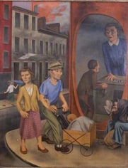Painting of figures sitting and walking &ndash;&ndash; including a couple pushing a pram, alongside a street lined with buildings. On the building fa&ccedil;ade to the right is the image of a towering woman in front of a building that reads, &quot;RELIEF&quot;, who faces a small man with his back to the viewer.