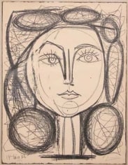 Lithograph portrait of the profile of a woman, Francoise Gilot, who faces the viewer. Her hair is composed of primarily circles, connected by quick curls and twists.