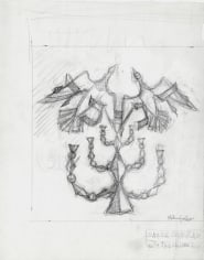 Pencil sketch of a geometrical menorah complete with three sets of increasingly small arms that emerge from the stem. On top of them are two bird-like sketches, on which the hebrew word &quot;חֲנוּכָּה&lrm;&quot; or &quot;Chanukah&quot; is superimposed.