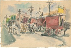 Ink, pencil, and watercolor drawing of a street lined by a row of red horse-drawn carts, which obscures both telephone poles and building fa&ccedil;ades. Throughout are various figures clothed in grey at work.