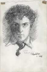 Pencil drawing of the profile of a man (Chaim Gross), including a white collar and dark tie. Crosshatching shades his face and the space behind his head. In small letters below his collar reads &quot;Self Portrait&quot; as well as the artist's signature.