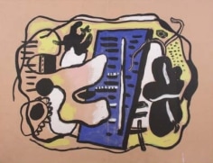 Painting on tan paper with a sideways rectangular shape in the middle in royal blue with small black lines on it. Surrounding the rectangle are organic lines and shapes in black and white, with  soft yellow color around them.