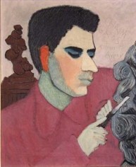 Colorful painting of Chaim Gross, depicted with orange and blue shadowing, facing right, carving a grey sculpture. Another sculpture, depicted in brown, stands in the left background.