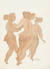 Pencil drawing of three standing female figures, two of which are holding each other's arms. Each figure is filled with a beige watercolor.