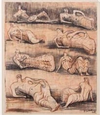 Line drawing of eight similar figures divided by horizontal lines with two figures in each section. The figures are all laying on their sides, either propped up by their elbows or hands and are humanoid but made of organic shapes. The figures get progressively larger as you move down the frame.