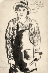 Ink drawing of a man (Chaim Gross), wearing a wide brim hat, a plaid shirt, and an apron, holding carving tools. The top-right of the work bears the following Yiddish inscription in English translation: &quot;To (a) dope, to a Galitzyaner, to a blossom (bloom), moo 1957.&quot;
