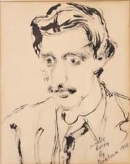 Ink sketch portrait of the artist Arshile Gorky. He is turned in half profile to face the viewer's left.