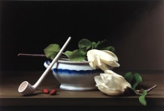 Photograph by Sharon Core titled Early American, Still with Pipe of a white smoking pipe and two white flowers arranged in the style of a classical painting