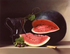 Photograph by Sharon Core titled Early American, Melon and Picher of a large melon and water pitcher arranged in the style of a classical painting