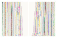Chiral Lines 8, 2015. Graphite, marker, ballpoint, colored pencil on paper. Each: 50 x 38 inches, overall: 50 x 76 inches