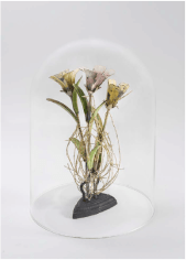 Karin Broker  three small girls, one sad iron, 2018  3 wired metal flowers with crystals, antique iron, glass dome, marble pedestal  10 x 5 x 4 inches Inquire