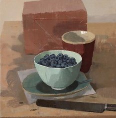 Blueberries in a Bowl with Red Cup Knife and Brick