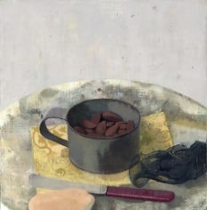 Nuts in a Tin Cup with Red-Handled Knife, Stone and Black Ribbon