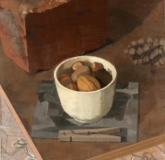 Nuts in a White Cup with Brick, Pine Cone, Xerox and Clothespin
