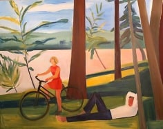 Maine, Girl with Bicycle and Recumbent Man