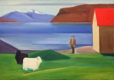 Icelandic Landscape with Sheep, Man and Red Roof