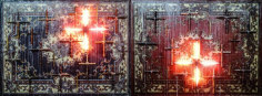, Norberto Roldan, Crusade, 2015, wooden crosses salvaged from demolished old houses on beeswax-drenched panels, neon lights, diptych, 66 x 174 inches/168 x 450 cm