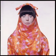 Peggy Moffitt in Orange, Hot Pink and White Print Evening Shift by Rudi Gernreich, Headshot, 1966, 24 x 20 Ilfochrome Photograph, Ed. 25