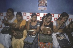 Five girls with their make-up boxes prepare for the evening, Bombay, 1978, 12-1/4 x 18-3/4 Dye Transfer Photograph