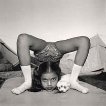 Contortionist with Sweety the Puppy, Great Raj Kamal Circus, Upleta, India, 1989&nbsp;&nbsp;&nbsp;