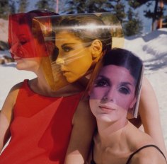 Peggy Moffitt with Lydia Field and L&eacute;on Bing Wearing Sun Visors by Rudi Gernreich, 1965, 20 x 16 Color Photograph, Ed. 2