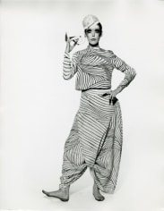 Peggy Moffitt in &quot;Siamese&quot; Long Silk Pants and Blouse by Rudi Gernreich, Foot Up, 1968, Vintage Silver Gelatin Photograph