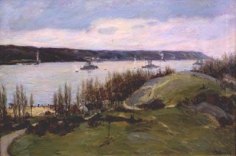 Joseph Henry Sharp (1859-1953), The Flagships Connecticut and Kansas on the Hudson, 1910