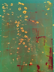 Abstract bright green background with red gestures throughout that suggest a chair. Yellow florals throughout the composition.