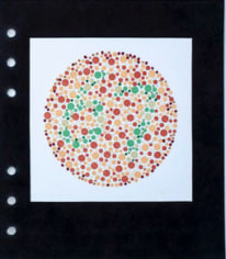 Lydia See  Colorblindness Tests - #67, 2020  &ldquo;Dvorine Pseudo-Isochromatic Plates&rdquo;, cotton embroidery thread, gouache  6 3/4h x 6w in 17.15h x 15.24w cm  $250  LS_010, Red, orange, yellow dots with &quot;67&quot; in the center