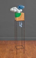 Sachiko Akiyama  Between, 2019  Wood, Steel, Paint, Resin  53h x 14w x 8d in. an abstract sculpture featuring a wooden cube and resin cast head on top of a cloud