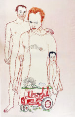 Hand-stitched embroidery on vintage fabric of three nude standing figures and a tractor