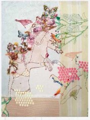 Orly Cogan  Birds Song, 2006  Embroidery, applique and paint on vintage textile  22h x 18w in, female nude, kneeling with birds, females gaze, feminist art