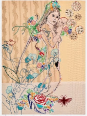 Orly Cogan  Enchanted, 2006  Embroidery, applique and paint on vintage textile  25h x 18w in, fairy tale, female figure with birds, Feminist art, female gaze, once upon a time