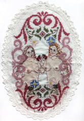 Orly Cogan  Double Eve, 2005  Hand Stitched embroidery, crochet and paint on vintage doily  25h x 18 1/2w in, Feminist Art, Female gaze, 2/4 length portraits of two nude female figures, embroidery
