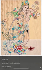 Orly Cogan  Enchanted, 2006  Embroidery, applique and paint on vintage textile  25h x 18w in, fairy tale, female figure with birds, Feminist art, female gaze, once upon a time