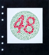 Lydia See  Colorblindness Tests - #48, 2020  &ldquo;Dvorine Pseudo-Isochromatic Plates&rdquo;, cotton embroidery thread, gouache  6 3/4h x 6w in 17.15h x 15.24w cm, $250 unframed, Red and green dots, with 48 in center, hand stitching matches colors